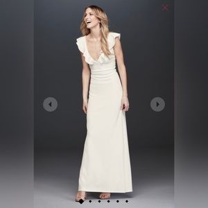 PLUNGING V-NECK RUFFLE STRAP LOW BACK CREPE GOWN - IVORY - SIZE 14